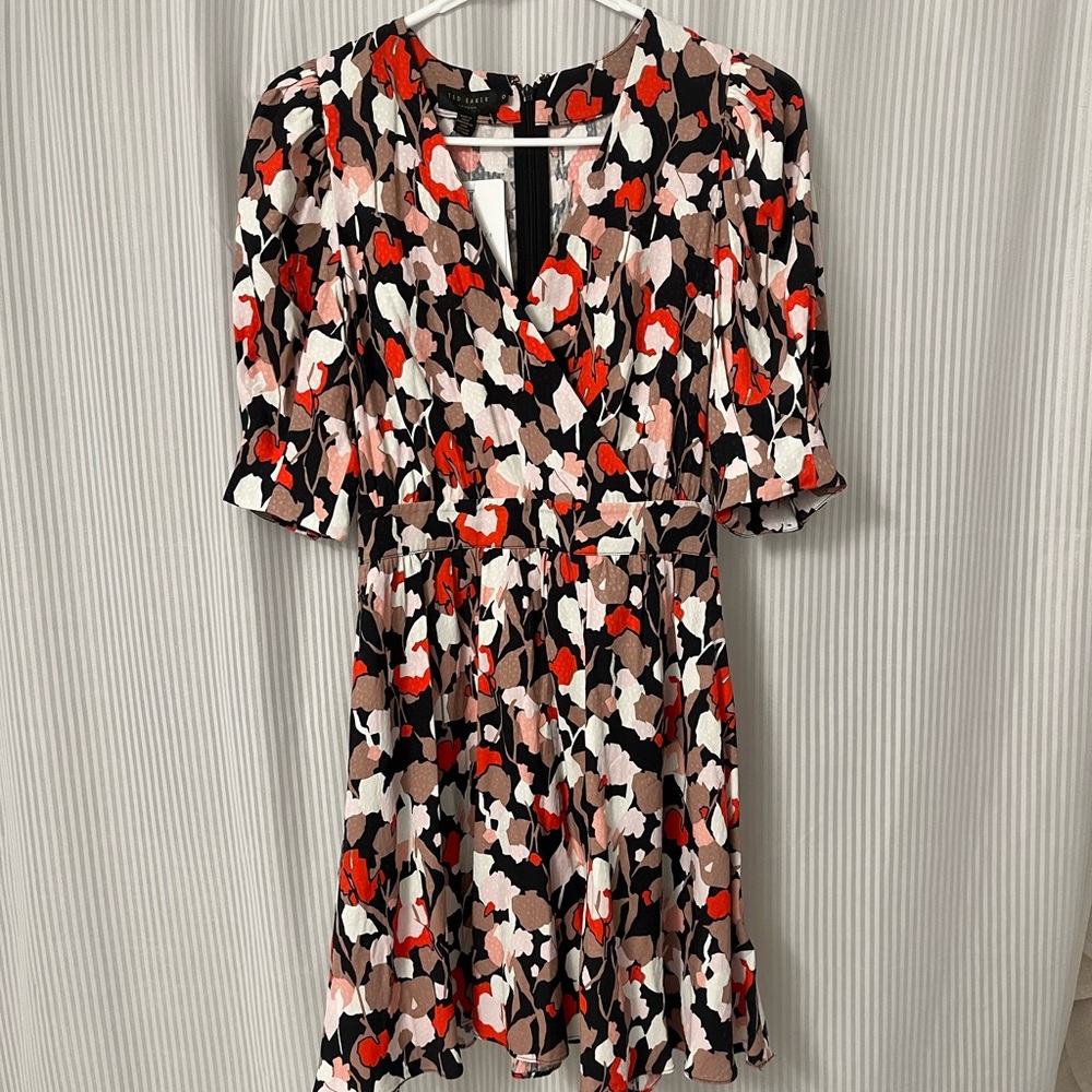 NWT Ted Baker Puff Sleeves Wrap Front V Neck Mini Dress